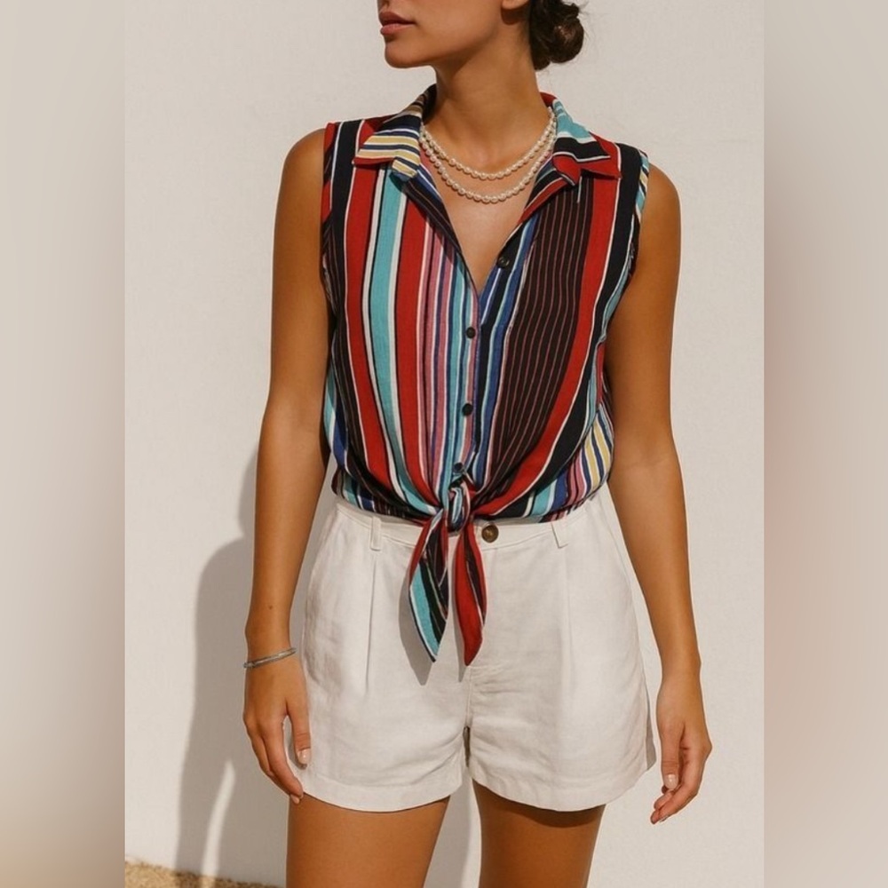 Perseption Womens Blue Striped Sleeveless Collared‎ VNeck Button Top sz L Beachy